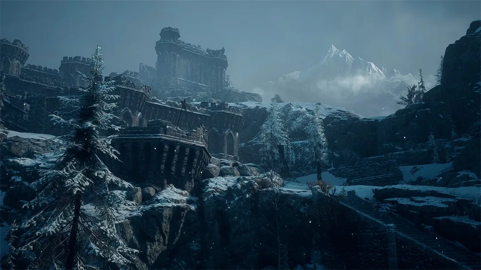 Snow-covered fortress ruins in the northern mountains of Dragon's Dogma 2