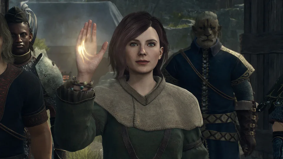 A group of villagers and Pawns talking in a village in Dragon's Dogma 2