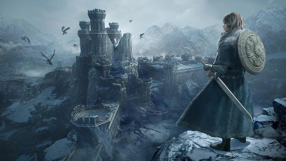 A warrior standing before a snowbound castle in Dragon's Dogma 2: Dark Arisen