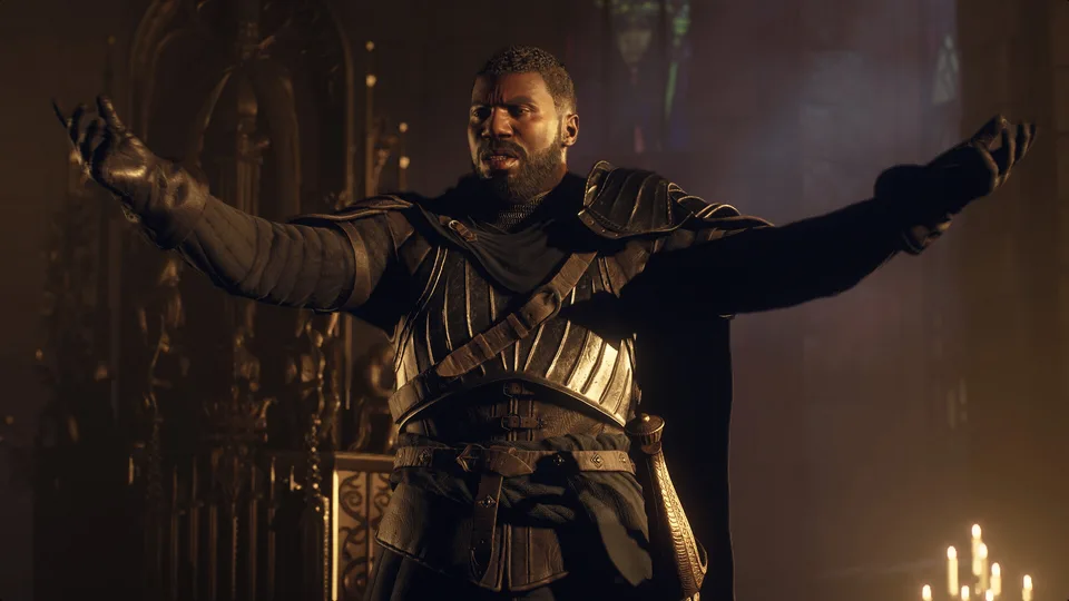 A character addressing a crowd inside a candlelit cathedral in Dragon's Dogma 2